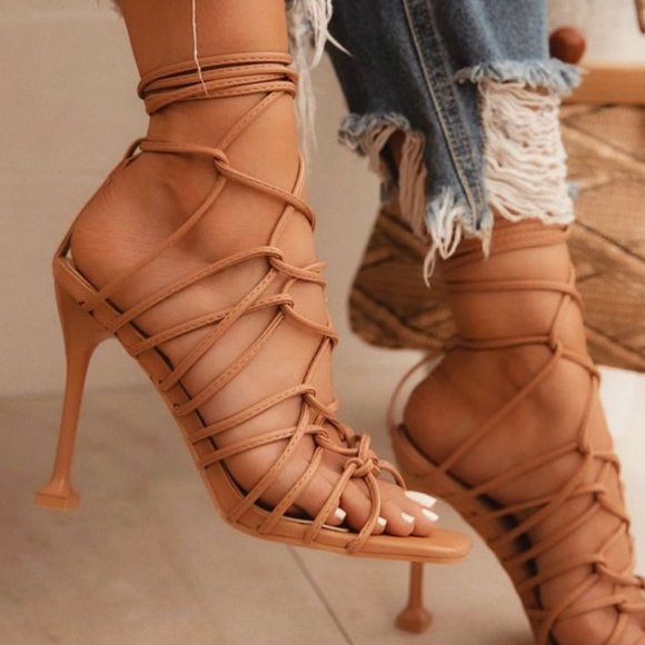 NEW🔥 Nude CrissCross Cage Gladiator Stiletto High Heel Sandals Open Toe Lace-Up - Picture 1 of 2